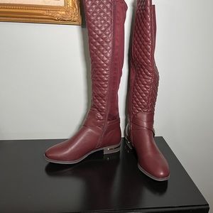Wine and gold quilted knee boots